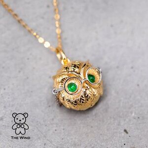 Dr. Owl Emerald Pendant Necklace 18K Yellow Gold with White Gold Glasses